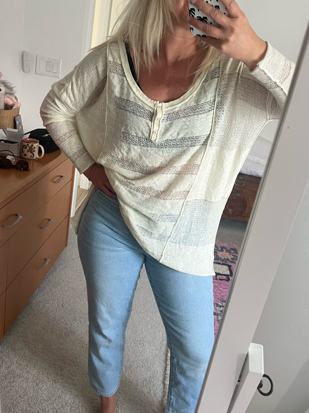 Free People Cream Open-Knit Henley Pullover